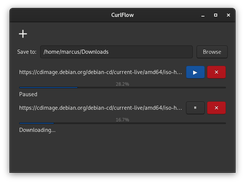 The main window showing two running downloads.  Downloads can be paused, resumed or canceled/removed altogether.
