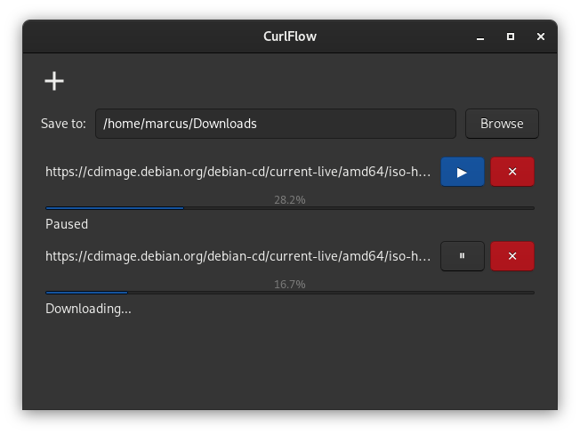 The main window showing two running downloads.  Downloads can be paused, resumed or canceled/removed altogether.