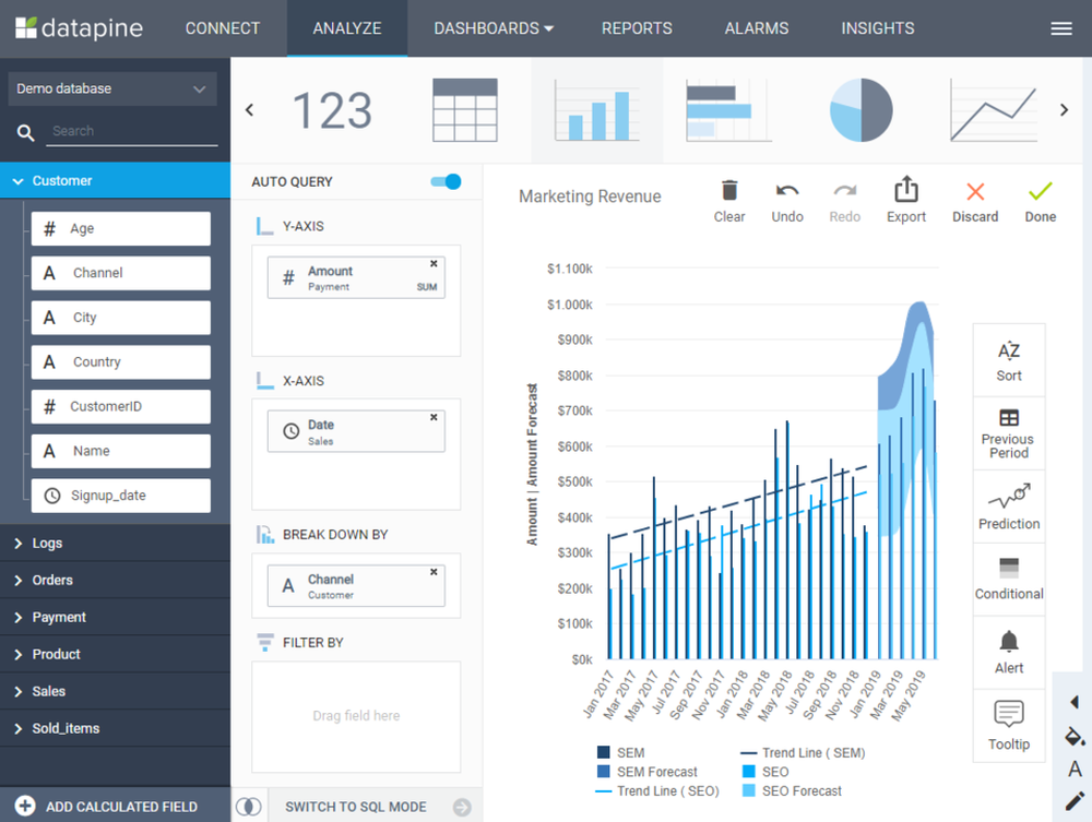 datapine's intuitive Analyzer interface