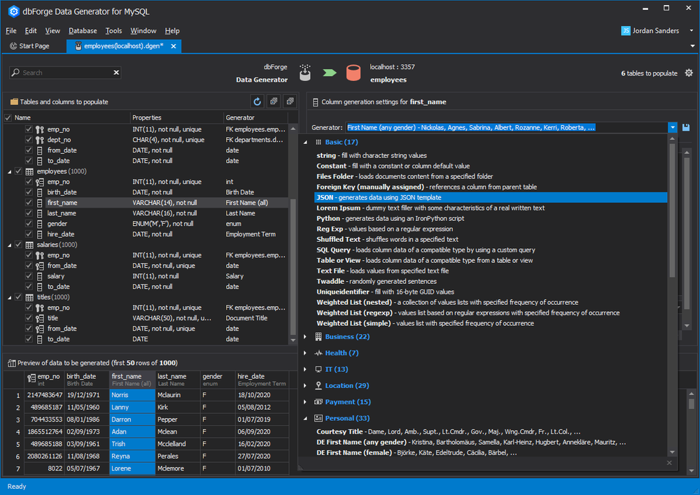 dbForge Data Generator for MySQL Screenshot 1