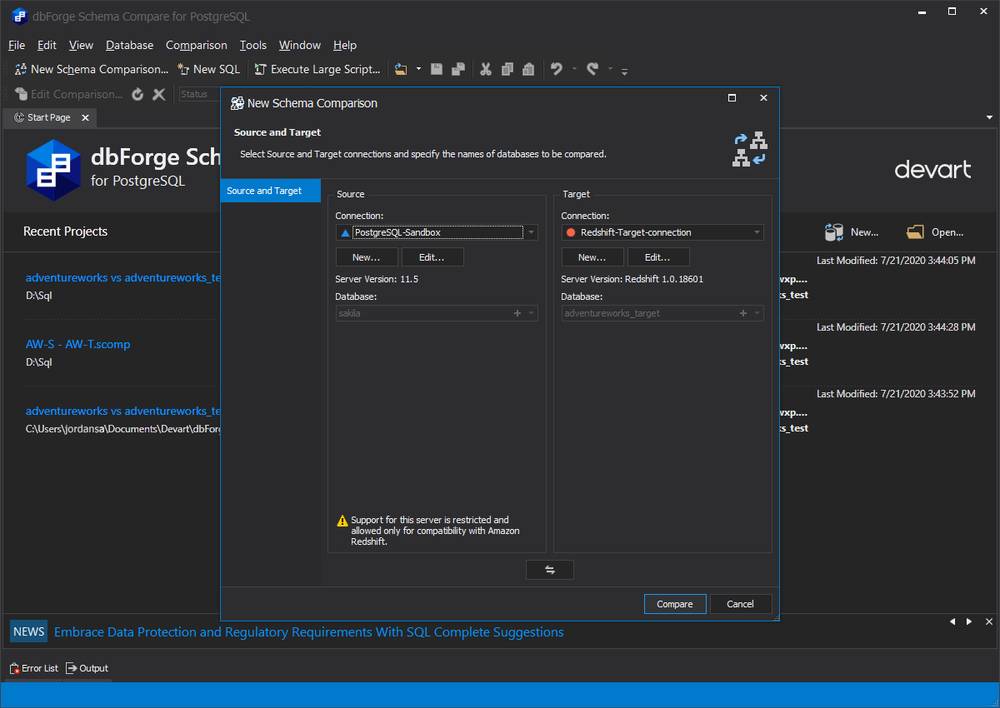 dbForge Schema Compare for PostgreSQL Screenshot 1