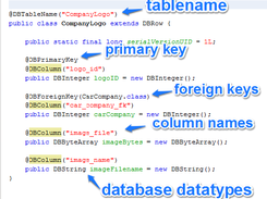 Representation of the database table with annotations