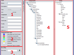 1 - information about terms and components, 2 - component info types section, 3 - recording section, 4 - component tree, 5 - term graph, extracted domain model, 6 - menu
