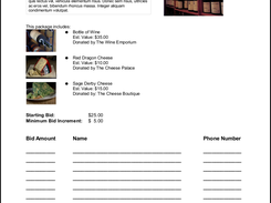 Sample pdf bid sheet created by the Silent Auction features of Delightful Labor