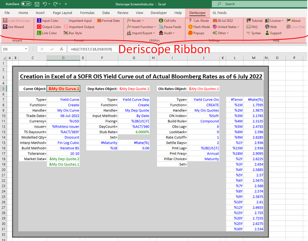 Deriscope Creation in Excel of a SOFR OIS Yield Curve
