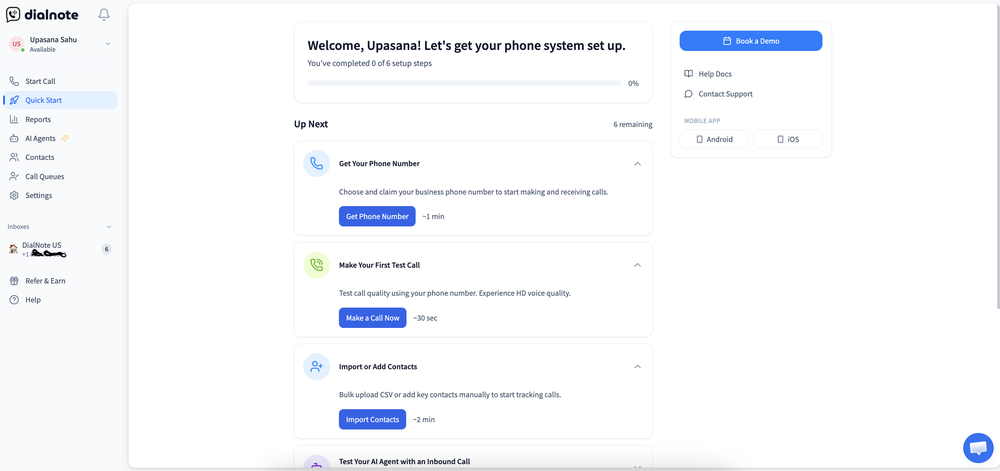 Quick Start dashboard: get your business phone number live in under 5 minutes.