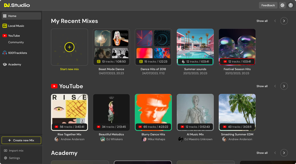 DJ.Studio home screen