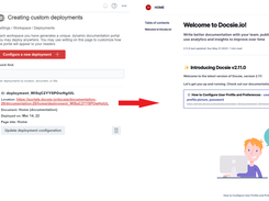 A screenshot of the Docsie deployment configuration menu with a live example of a published Docsie portal on the right-side of the image