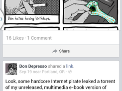 Don Depresso Comics app displaying Don Depresso's Facebook page