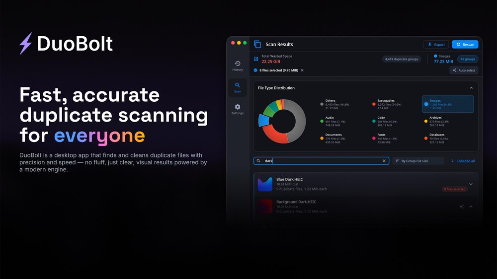 Fast, accurate duplicate scanning with a clean, modern interface.