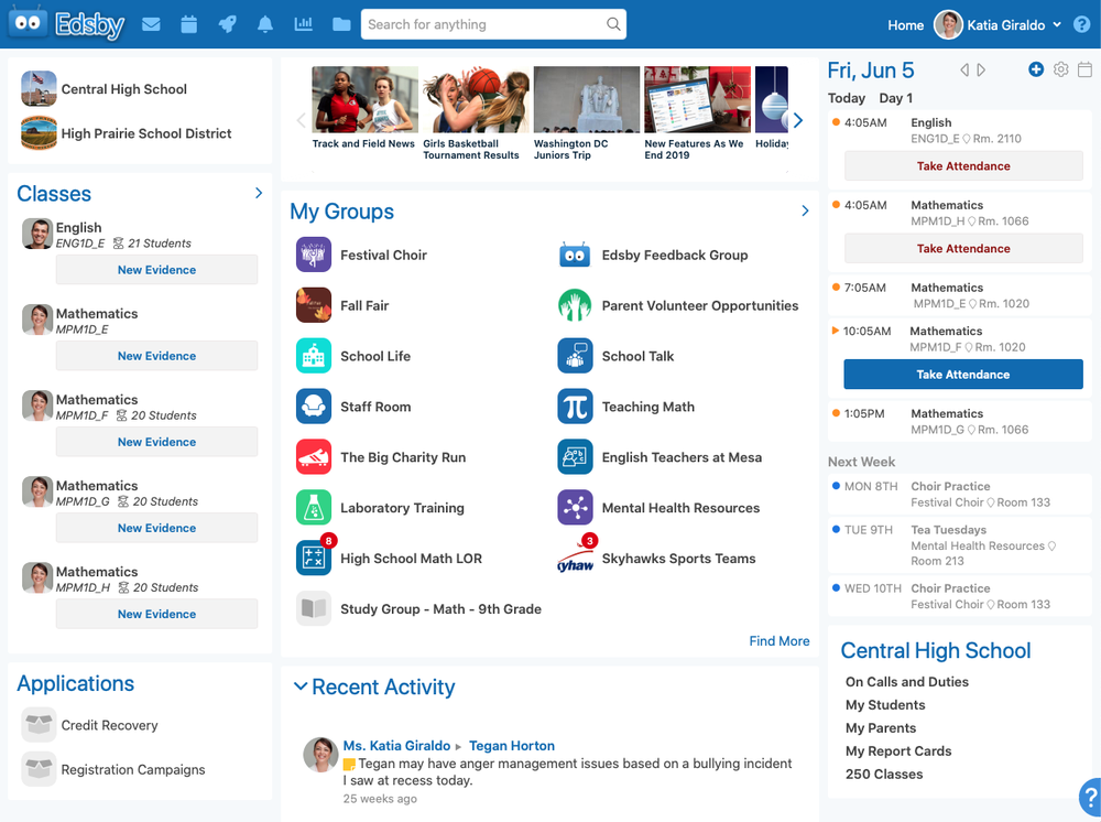 A teacher's desktop in the Edsby digital learning platform
