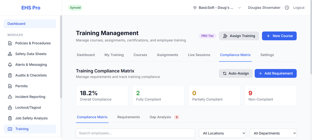 Training Compliance Matrix Screenshot