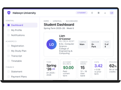 Personalized student dashboard showing CGPA, account balance, credit hours, and academic progress at a glance.