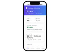 Mobile-first student portal showing GPA, balance, upcoming classes, and deadlines on the go.