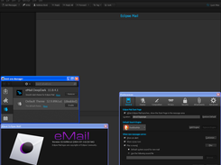 eMail home page with custom eMail DeepDark theme showing about, addons manager, and preferences on Windows XP
