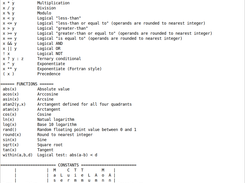 Listing of operators, functions, constants