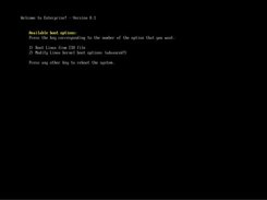 The Enterprise main screen, where you can choose whether you want to boot the OS or customize its startup options.