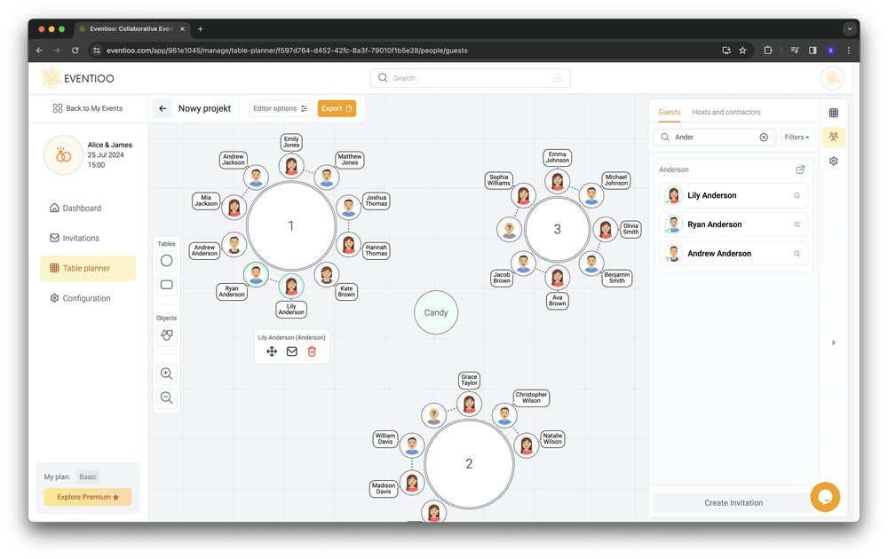 Table planner view with objects, rounded tables with guest list filtered