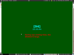 During eye resting time, a big popup counting-down window covering largely the whole screen for 100 seconds. So it forces eyes to take rest. Margins are intendedly shown to show useful things, like date, running programs. A clock is also shown on the window.