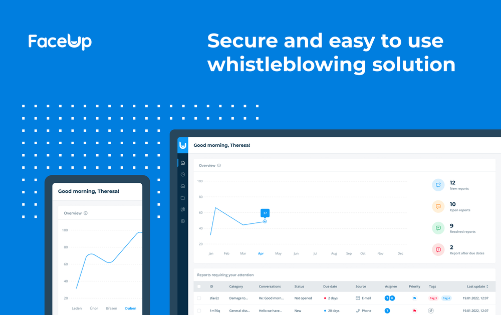 FaceUp is a secure, intuitive and easy to use solution, which allows employees and pupils to report instances of wrongdoing. Anybody can anonymously send reports through a website or mobile app in just two clicks.