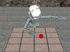 A simulated iCub robot that reaches and grasps a spherical object located over a table - Snapshots taken from the 3D robot/environment renderer of FARSA