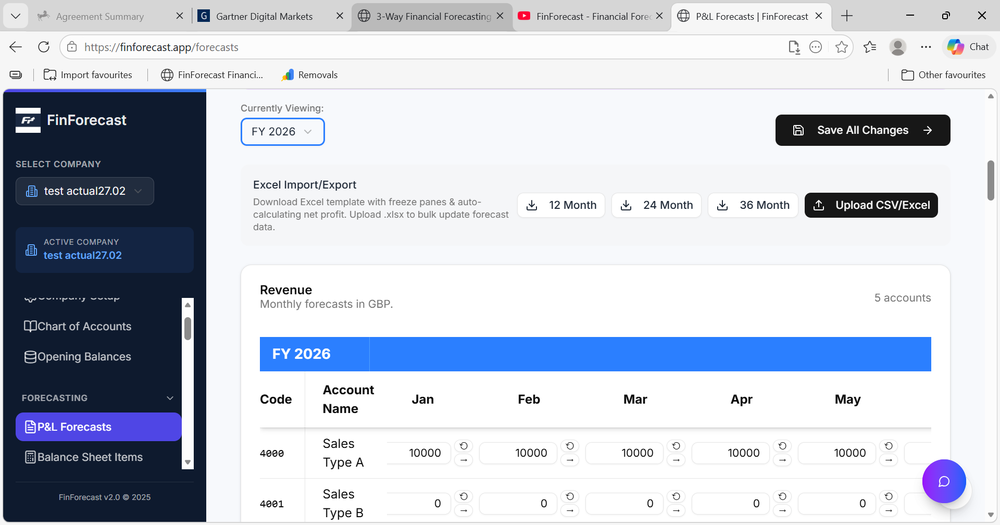 P&L forecast grid with manual entry and Excel upload for bulk forecasting