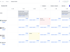 Employee schedule calendar for managing technician shifts, workload distribution, job assignments, and daily availability.