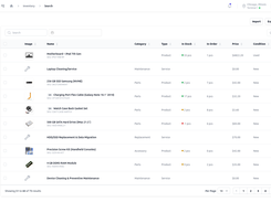 Inventory and parts management view displaying stock levels, costs, reorder alerts, and linked repair jobs for gadgets, mobiles, and computers.