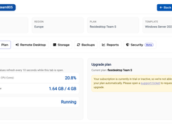 Plan tab showing real-time resource usage and upgrade options