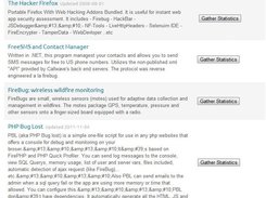 Searching for “firebug” brings up the above screen. Because firebug was not inserted inside of quotations when searched many search results have been displayed. The third result is the one in which we are interested in so the button “Gather Statistics” can be pressed which will search for all relevant data and display back to the user this data in an easy to read interface. The button “GO BACK TO SEARCH” may be clicked to go back to the Screen 1. 