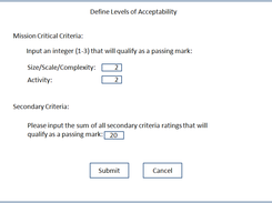 The user will be prompted to set a number from 1-3 that will count as a passing mark for each mission critical criteria (2 is the default). Also another option to be adjusted is the sum of all secondary criteria ratings that will qualify as a passing (20 is the default). After all fields are completed the user can hit “Submit” leading to ….. or click “Cancel” bringing him back to Screen 2.