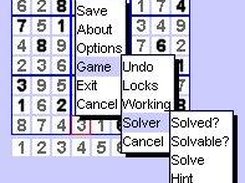 Sudoku, after running the solver; Showing the solver menu