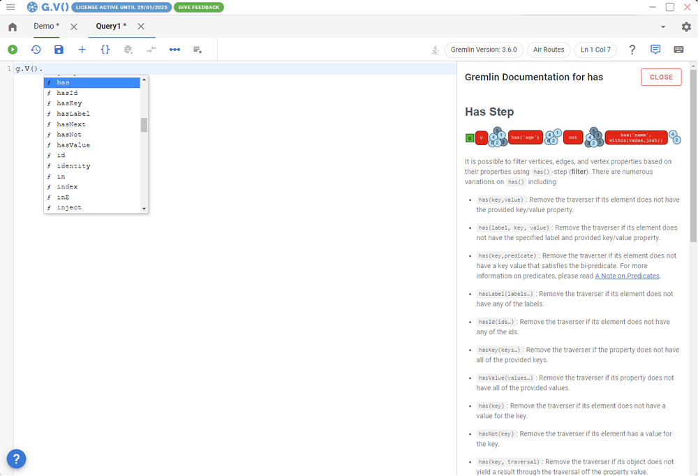 Smart Auto Complete Example with Embedded Documentation using G.V() - Gremlin IDE