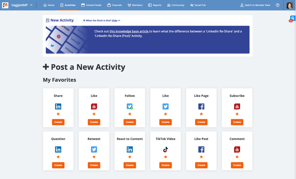 The GaggleAMP new activity creation dashboard