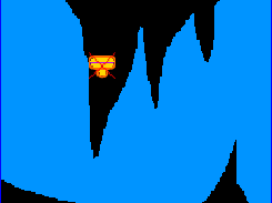 Podemos observar la nave espacial del videojuego que explota al chocar contra las estalactitas y estalagmitas de la caverna.