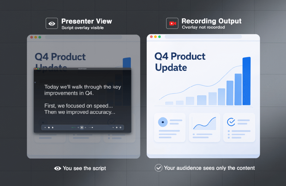 100% Invisible in Screen Shares & Recordings: A side-by-side view showing the transparent presenter script overlay versus the clean, final recording output your audience actually sees.