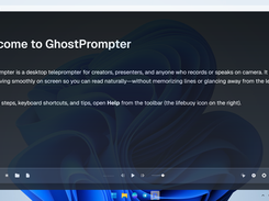 Overview of the GhostPrompter desktop application showing the clean main dashboard, welcome guide, and floating control toolbar with playback options and settings icons.