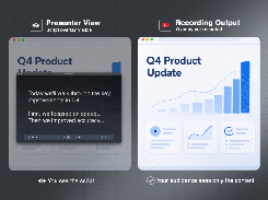 100% Invisible in Screen Shares & Recordings: A side-by-side view showing the transparent presenter script overlay versus the clean, final recording output your audience actually sees.