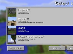 The World Select screen under the remodelled UI. Players can save a thumbnail for each world.