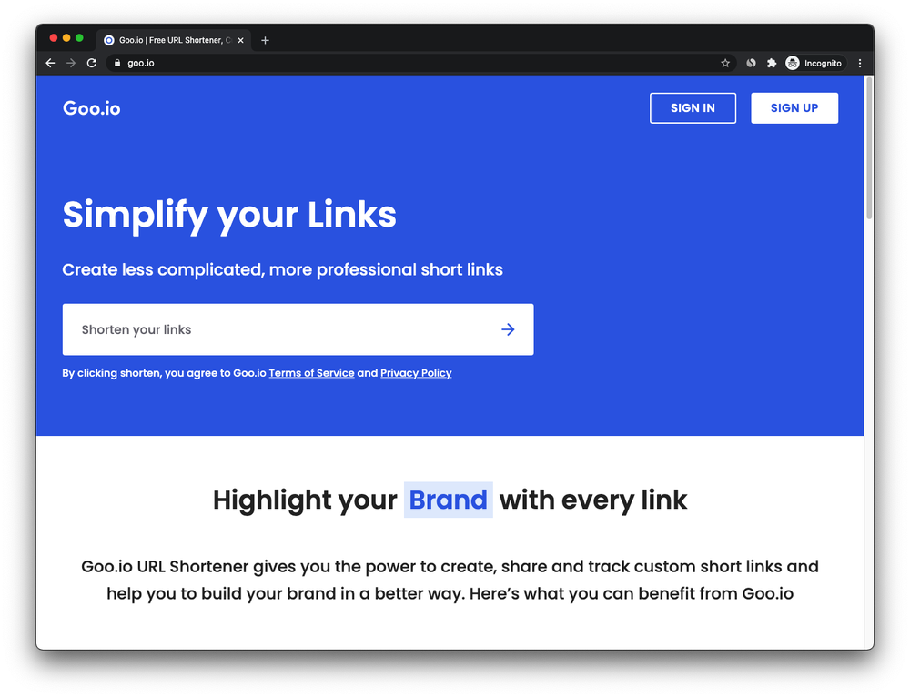 Goo.io URL Shortener Home