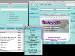 Main window + Search dialog + Shortcuts dialog showing utf-8 support