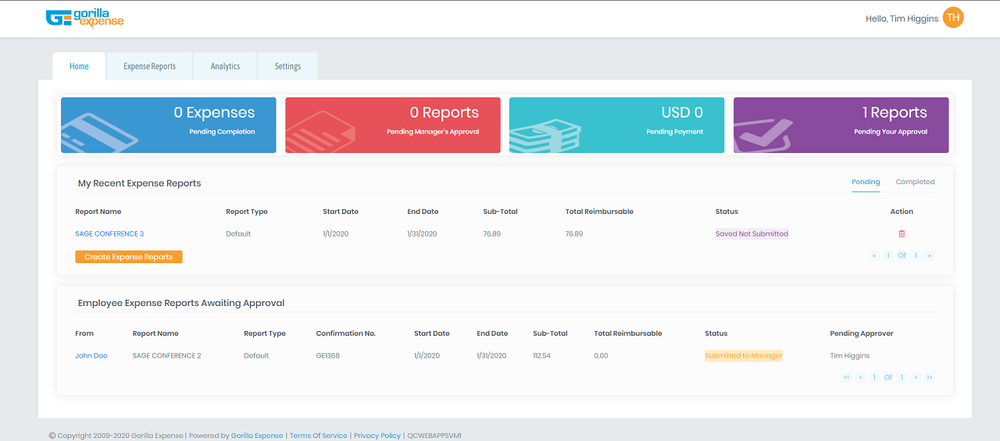 Web Application Dashboard provides all information in one place including any pending approvals or submissions