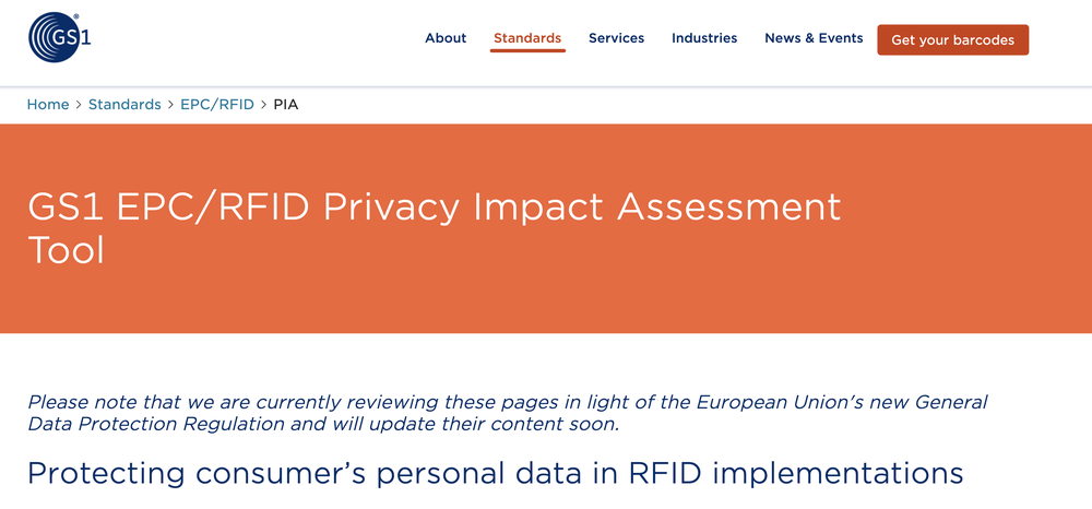 GS1 EPC/RFID Privacy Impact Assessment Tool Screenshot 1