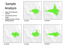 Sample analysis: Service areas for the same location at different times of day.