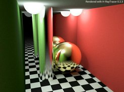 Modified Cornel box with a mirror and checkerboard floor