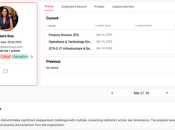 The Employee Overview page with centralized employee data, praises, active custom surveys, and AI analysis (if enabled for a particular employee).