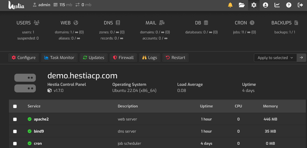 Hestia Control Panel Screenshot 1