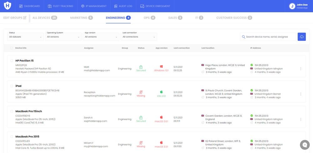 Manage your device inventory from the HiddenApp Devices Dashboard and deploy Mass Actions.