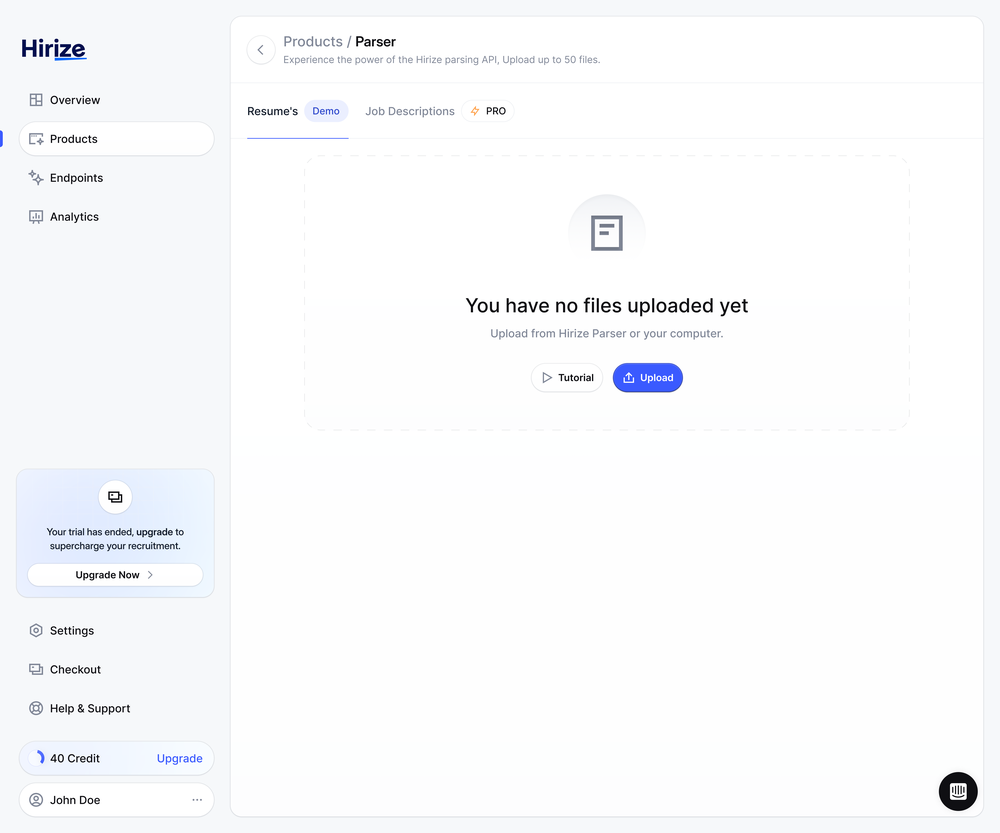 Get Started - Create a free trial and start your demo, and upload resumes.