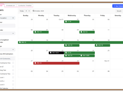 Calendar view of contractor work orders, displaying scheduled tasks, completed work orders, and job types, with color-coded entries for better organization.